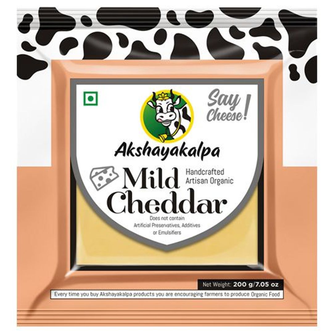 AKSHAYAKALPA Cheddar Cheese - Mild, Plain, Handcrafted Artisan Organic, 200 g Pouch