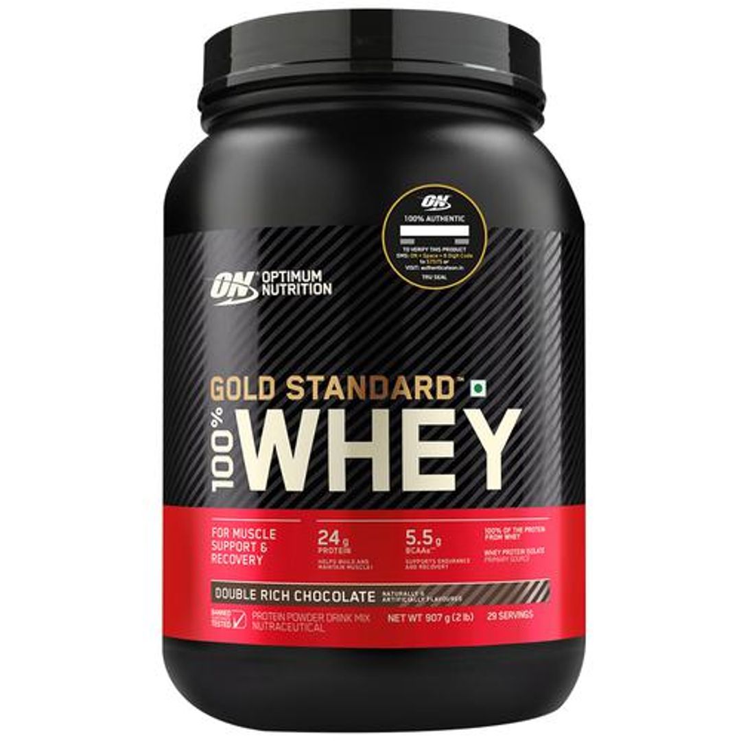Optimum Nutrition Gold Standard 100% Whey Protein Powder- Double Rich Chocolate, Muscle Recovery, 907 g Tub