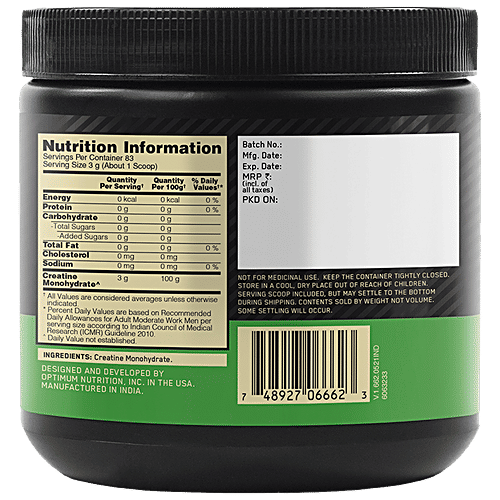 Optimum Nutrition Optimum Nutrition Micronised Creatine Powder - 3g Of Creatine Monohydrate Per Serve, Supports Athletic Performance & Power, Unflavoured, 250 g (83 Serves, 250 g (83 Serves)