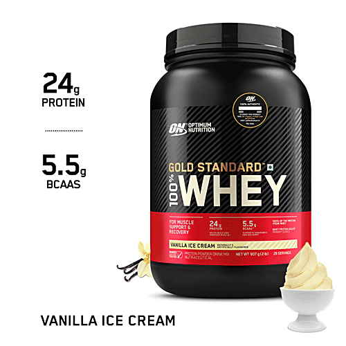 Optimum Nutrition Gold Standard Vanilla Ice Cream Whey Protein Powder, 907 g Pouch Muscle Support