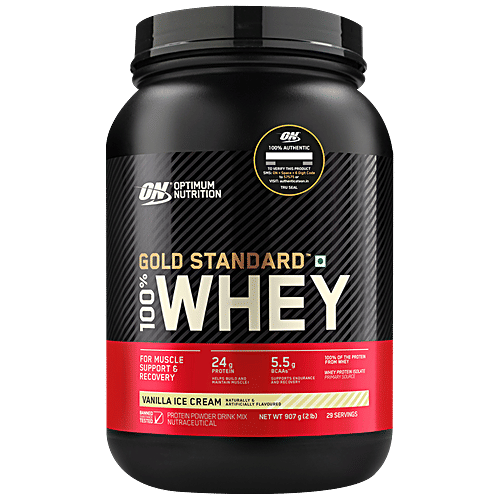 Optimum Nutrition Gold Standard Vanilla Ice Cream Whey Protein Powder, 907 g Pouch Muscle Support