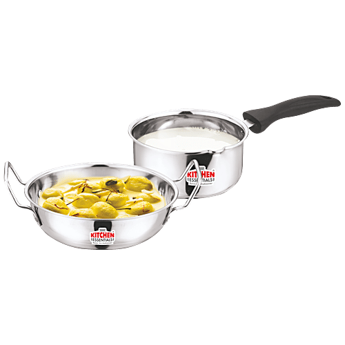 Kitchen Essentials Kitchen Pride Cookware Set - Silver, Sauce Pan 1.1 L + Kadai 1.2 L, Stainless Steel, 2 pcs  Mirror Finish