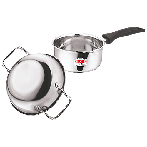 Kitchen Essentials Kitchen Pride Cookware Set - Silver, Sauce Pan 1.1 L + Kadai 1.2 L, Stainless Steel, 2 pcs  Mirror Finish