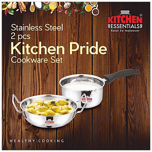 Kitchen Essentials Kitchen Pride Cookware Set - Silver, Sauce Pan 1.1 L + Kadai 1.2 L, Stainless Steel, 2 pcs  Mirror Finish