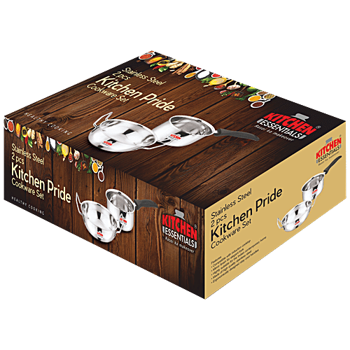 Kitchen Essentials Kitchen Pride Cookware Set - Silver, Sauce Pan 1.1 L + Kadai 1.2 L, Stainless Steel, 2 pcs  Mirror Finish