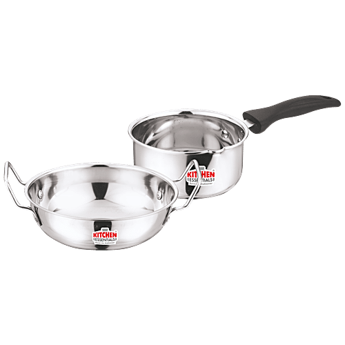 Kitchen Essentials Kitchen Pride Cookware Set - Silver, Sauce Pan 1.1 L + Kadai 1.2 L, Stainless Steel, 2 pcs  Mirror Finish