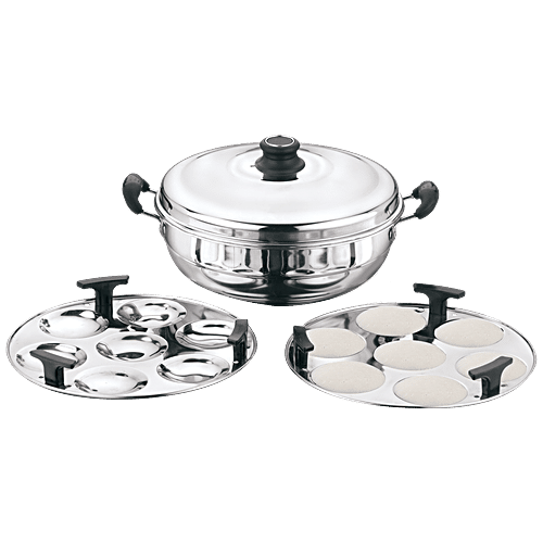 Kitchen Essentials Stainless Steel Multi Purpose Kadai Pot - 2 Idly Plates, Induction Base, With Steel Lid, 28 cm, 0.6 mm, 1 pc