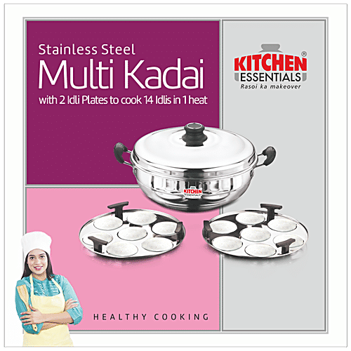 Kitchen Essentials Stainless Steel Multi Purpose Kadai Pot - 2 Idly Plates, Induction Base, With Steel Lid, 28 cm, 0.6 mm, 1 pc