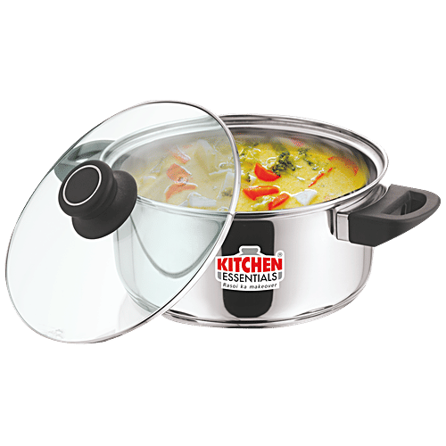 Kitchen Essentials Stainless Steel Dutch Oven - Cook & Serve, With Glass Lid, Induction Base, 20 cm, 3 L  