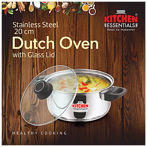 Kitchen Essentials Stainless Steel Dutch Oven - Cook & Serve, With Glass Lid, Induction Base, 20 cm, 3 L  