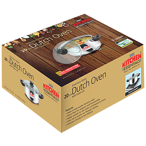 Kitchen Essentials Stainless Steel Dutch Oven - Cook & Serve, With Glass Lid, Induction Base, 20 cm, 3 L  