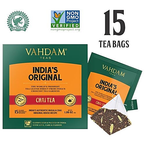 VAHDAM Organic Original Masala Long Leaf Chai Tea, 30 g (15 Pyramid Bags x 2 g each) 