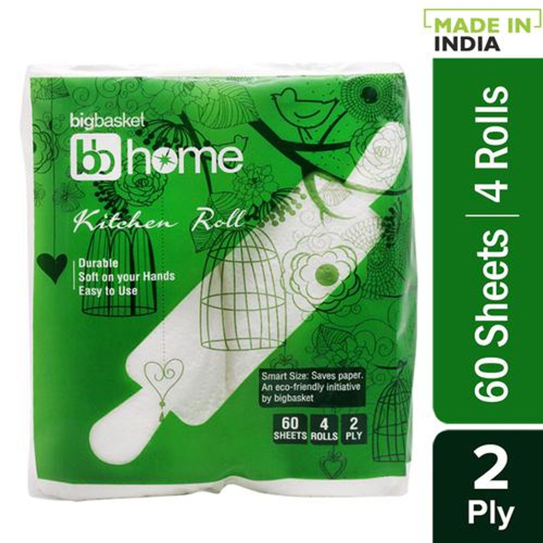 BB Home Kitchen Tissue Paper Roll/Napkin - 2-Ply, 100% Virgin Fibre, Soft & Absorbent, 60 pulls (Pack of 4)