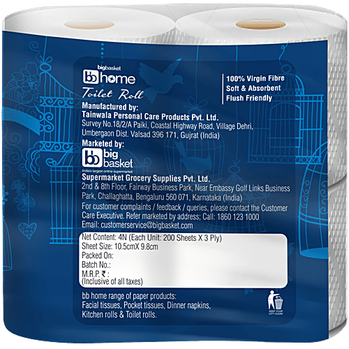 bb home Toilet Tissue Paper Roll - 3 Ply, 200 Pulls (Pack of 4) 100% Virgin Pulp/Paper