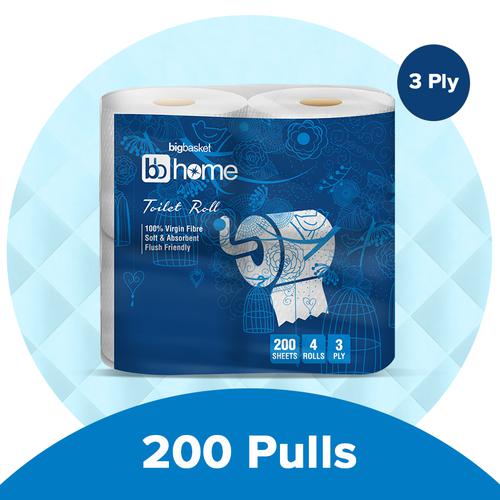 BB Home Toilet Tissue Paper Roll- 3-Ply, 200 pulls