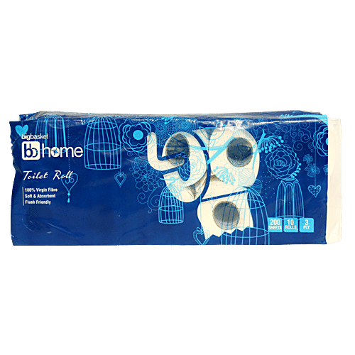 BB Home Toilet Roll - 3 Ply -100% Virgin Pulp/Paper, 200 pulls (Pack of 10) 