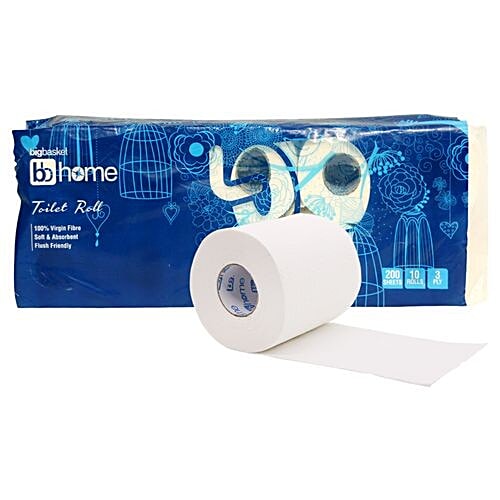 BB Home Toilet Roll - 3 Ply -100% Virgin Pulp/Paper, 200 pulls (Pack of 10) 