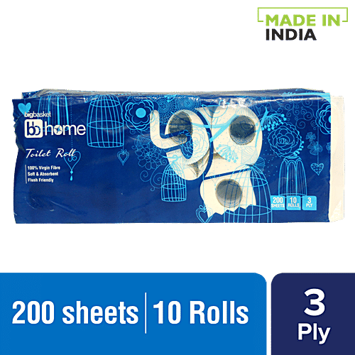 BB Home Toilet Roll - 3 Ply -100% Virgin Pulp/Paper, 200 pulls (Pack of 10) 