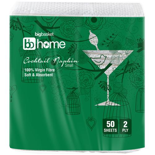 BB Home Cocktail Napkin/Tissue Paper - Small, 2 Ply, 100% Virgin Fibre, Soft & Absorbent, 50 Pulls  