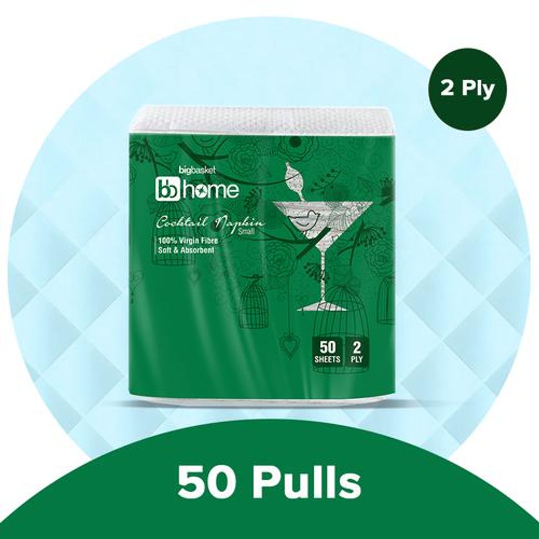 BB Home Cocktail Napkin/Tissue Paper - Small, 2-Ply, 100% Virgin Fibre, Soft & Absorbent, 50 pulls 