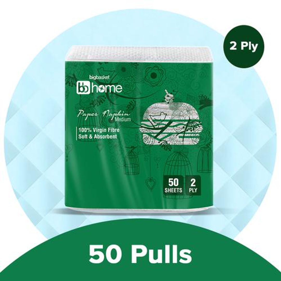 BB Home Paper Napkin/Tissue - Medium, 2-Ply, 100% Virgin Fibre, Soft & Absorbent, 50 pulls 
