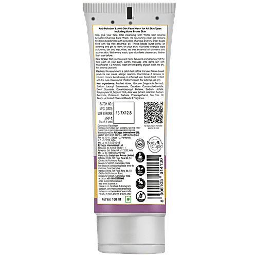 Wow Skin Science Activated Charcoal Face Wash - Removes Pollutants & Dirt, 100 ml Tube 