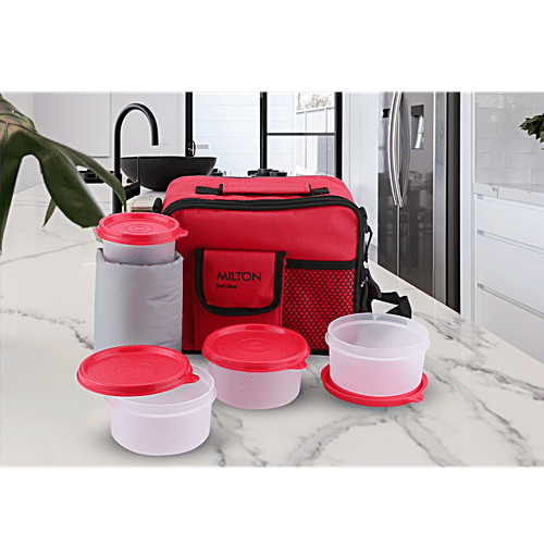 Milton Combi Meal Plastic Lunch/Tiffin Box With Containers & Cover - Red, 4 pcs  