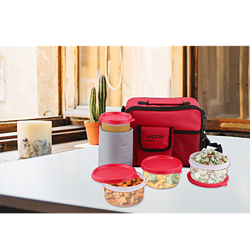 Milton Combi Meal Plastic Lunch/Tiffin Box With Containers & Cover - Red, 4 pcs  