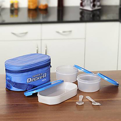 Milton Double Decker Plastic Lunch/Tiffin Box With Containers & Cover - Blue, 4 pcs  Microwave Safe & Dishwasher Safe