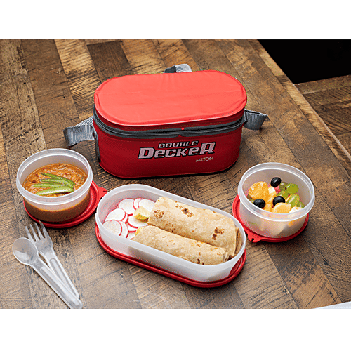 Milton Double Decker Plastic Lunch/Tiffin Box With Containers & Cover - Red, 5 pcs  