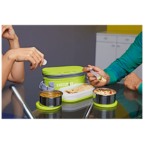 Milton Executive Stainless Steel Lunch/Tiffin Box With Containers & Cover - Green, 5 pcs Dishwasher Safe