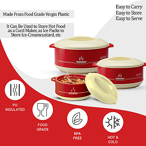 Milton Plastic Insulated Jr Casserole For Roti/Chapati Gift Set - Red, Buffet, 3 pcs (450 ml + 850 ml + 1.5 L) 