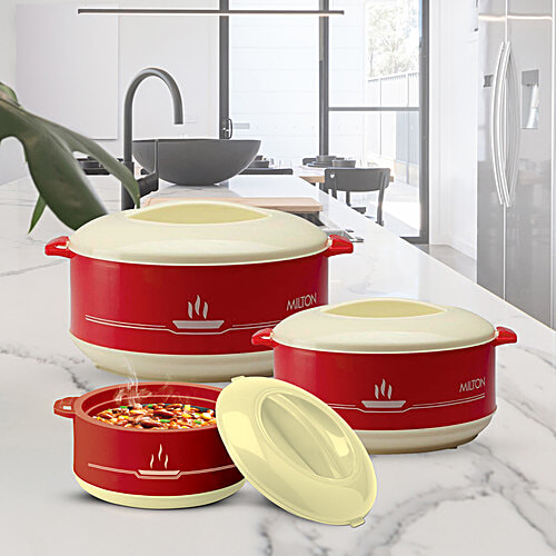 Milton Plastic Insulated Jr Casserole For Roti/Chapati Gift Set - Red, Buffet, 3 pcs (450 ml + 850 ml + 1.5 L) 