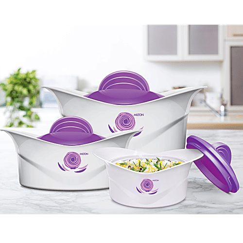 Milton Casserole Set - Inner Steel, Insulated, Regalia Jr, White & Purple, 3 pcs 500 ml, 1 L, 1.5 l Keep the Food Hot & Fresh for Long Hours