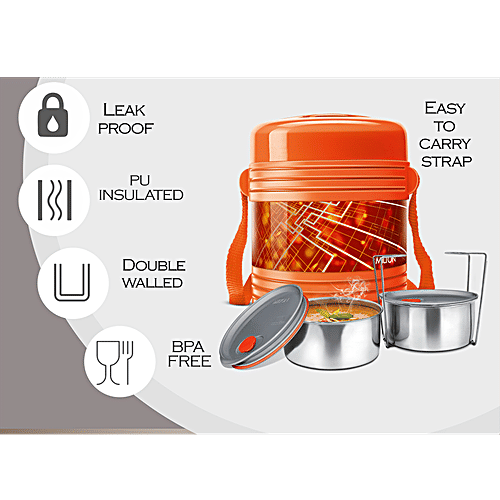 Milton Tiffin Set - With 2 Containers, Thermosteel, Insulated, Orange, Vector Deluxe, 2 pcs  