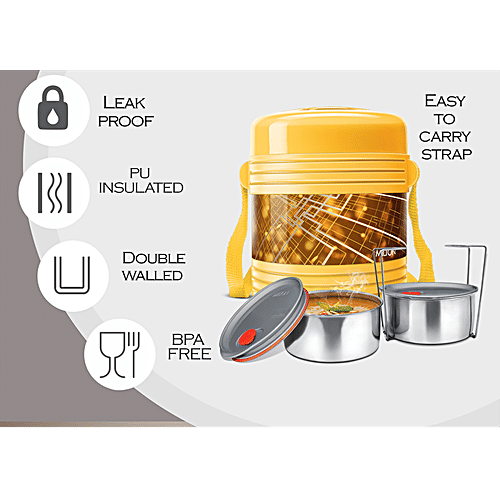 Milton Tiffin Set - With 2 Containers, Thermosteel, Insulated, Yellow, Vector Deluxe, 2 pcs  
