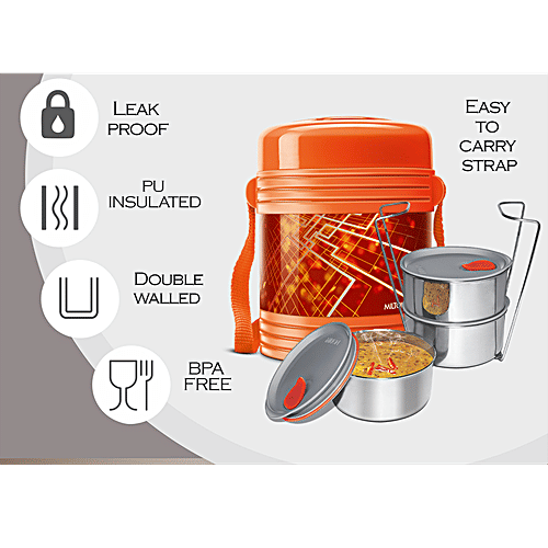 Milton Tiffin Set - With 3 Containers, Thermosteel, Insulated, Orange, Vector Deluxe, 3 pcs  