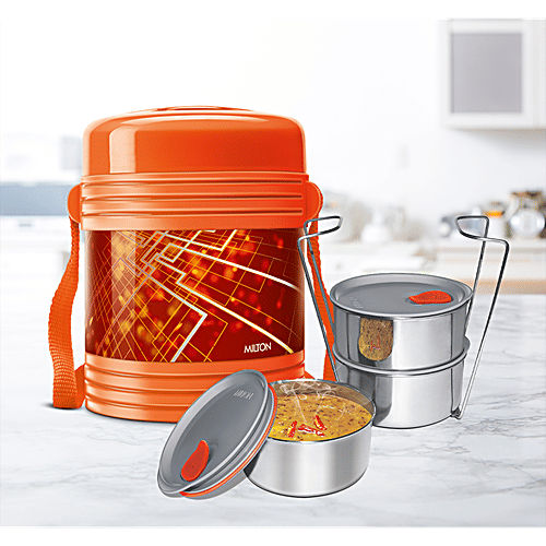 Milton Tiffin Set - With 3 Containers, Thermosteel, Insulated, Orange, Vector Deluxe, 3 pcs  