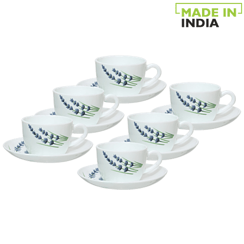 LaOpala Chai/Opalware Cup & Saucer Set - Princess, English lavender, 150 ml (Set of 6) 