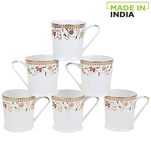 BP Bharat Chai/Bonechina Tea/Coffee Mug - Peter, Small, Premium Gold Series, Jewel, 160 ml (Set of 6) Dishwasher Safe