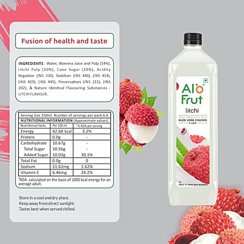 Alo Frut Litchi Juice With Aloe Vera, 1.1 L  Rich Source of Vitamins, Minerals