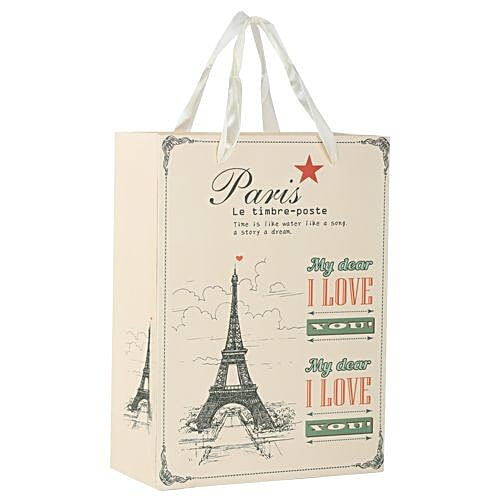 DP Gift/Paper Carry Bag - Small, Cream, Paris Le Timbre Print BB 393 S, 3 pcs  