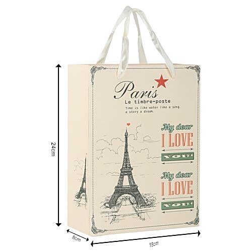 DP Gift/Paper Carry Bag - Small, Cream, Paris Le Timbre Print BB 393 S, 3 pcs  