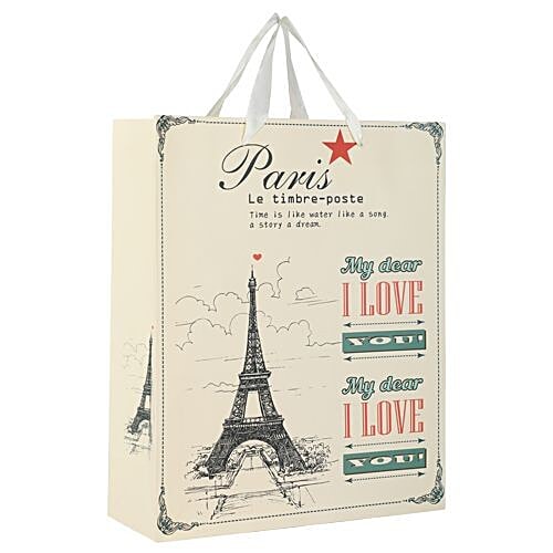 DP Gift/Paper Carry Bag - Medium, Cream, Paris Le Timbre Print BB 393 M, 3 pcs  