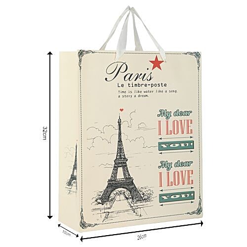 DP Gift/Paper Carry Bag - Medium, Cream, Paris Le Timbre Print BB 393 M, 3 pcs  
