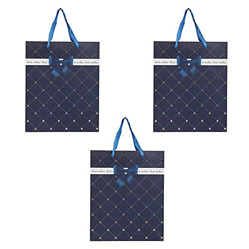 DP Gift/Paper Carry Bag With Bow - Blue, Diamond Shaped Check Print BB 395 S, 3 pcs  
