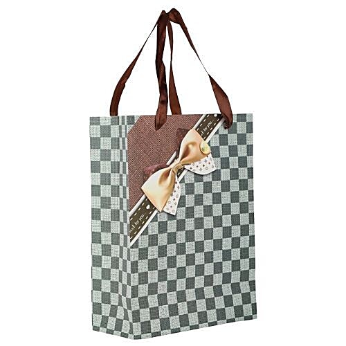 DP Gift/Paper Carry Bag With Bow - Grey & Blue, Check Print BB 402 S, 3 pcs  