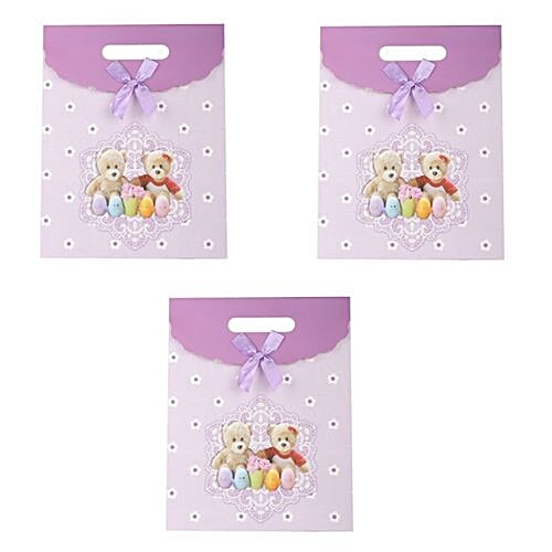 DP Gift/Paper Carry Bag - Medium, Purple, Teddy Bear Print BB 408 M, 3 pcs  