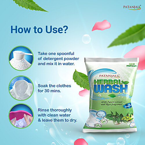 Patanjali Herbal Wash Detergent Powder - Neem Extract & Rose, 2 kg  Brighter Clothes, Quick Stain Removal