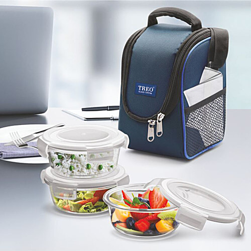 Treo Glass Tiffin - Round, Health First, 380 ml (Set of 3) Microwave Safe & Dishwasher Safe